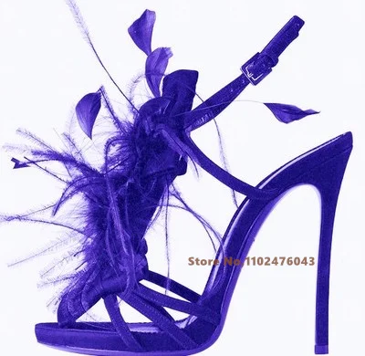 

Роскошные женские сандалии на каблуках 11 см с украшением в виде искусственных перьев