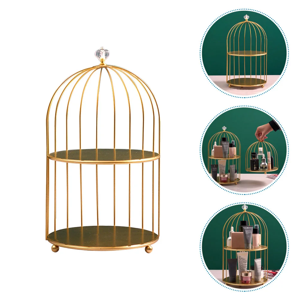 

Nordic Decor Bird Cage Storage Rack Makeup Display Stand 35.5x20cm Golden Wrought Iron Birdcage Shape Bathroom Girl