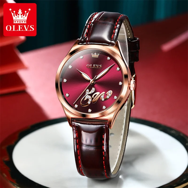 OLEVS Luxury Quartz Watch Girl's Elegant Fashion Red Dial Waterproof Ladies Leather Watches Women High Quality Zegarek Damski