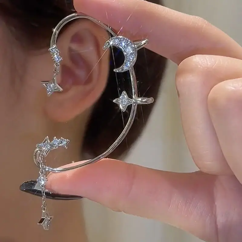 

Creative Moon Star Shine Rhinestone Long Chain Earrings for Women Butterfly Tassel Piercing Earring Jewelry Ear Cuff Ear Clips