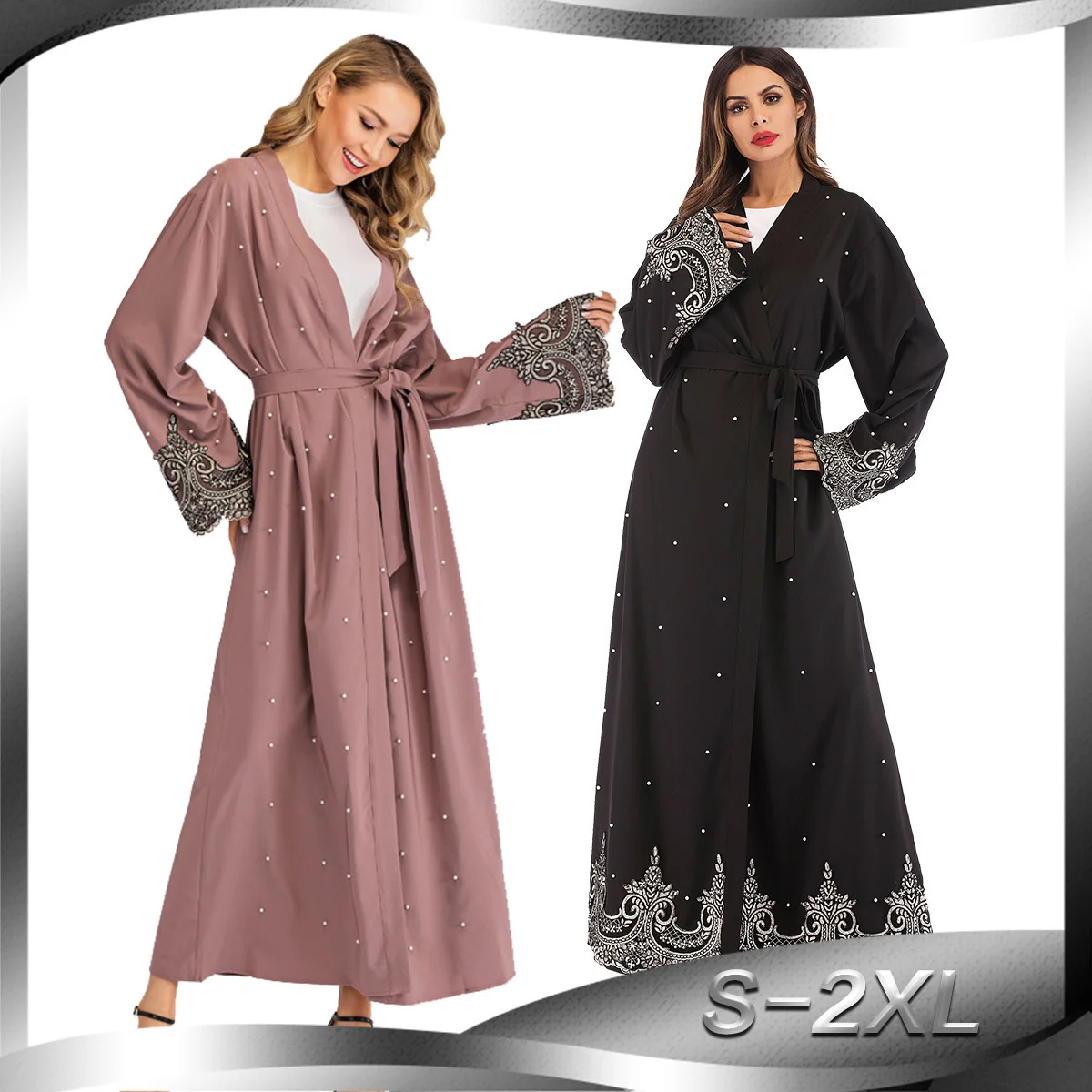 

Abaya Muslim Robe V-neck Long Sleeved Embroidered Beaded Robe Women Arabic Dubai Islamic Long Cardigan Fashion Female Clothing