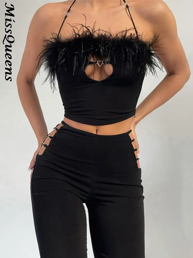 Комплект из двух предметов женский с перьями пикантный ажурный топ лямкой на шее