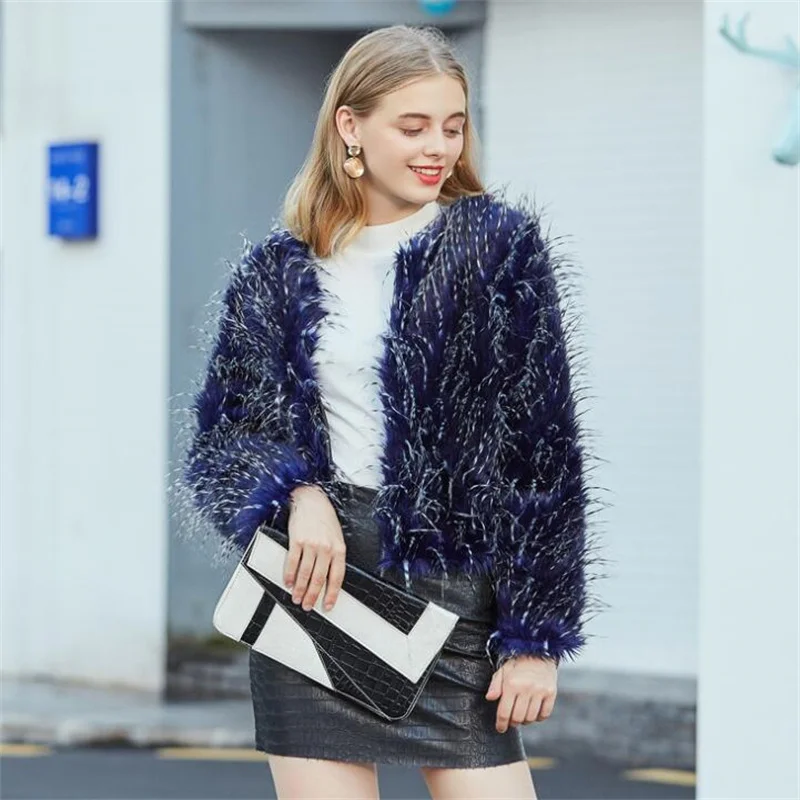 Blue peacock Autumn winter short faux mink leather jacket womens fur leather coat women slim jackets jaqueta de couro fashion
