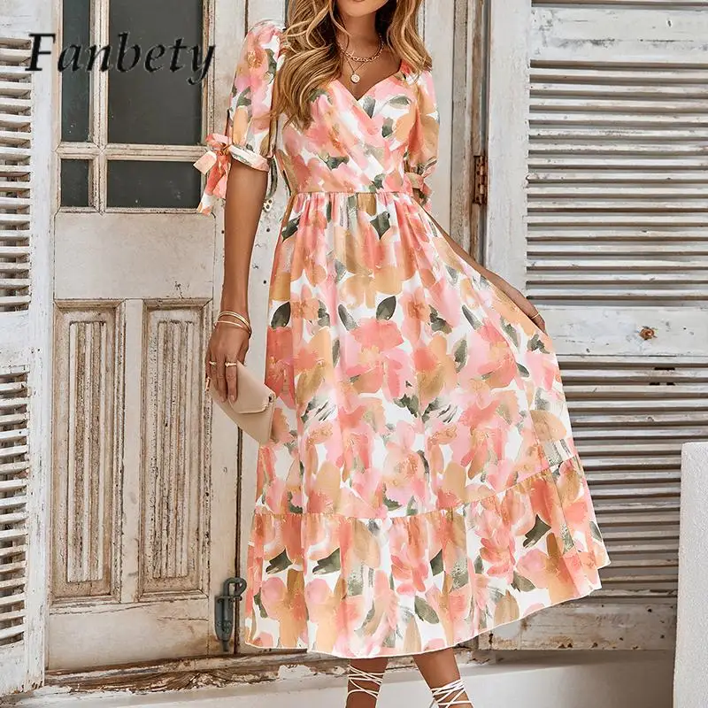 

Women 2023 Elegant Pattern Print Party Dress Summer Fashion V-Neck Beach Dress Ladies Casual Short Sleeve A-Line Dress Vestido