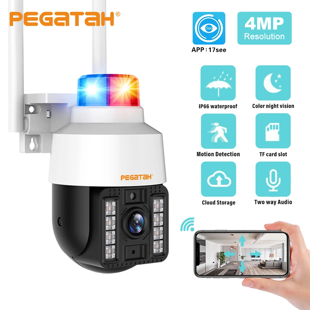 

PEGATAH 4MP Wireless WIFI Camera Outdoor PTZ IP Camera CCTV Auto Tracking 4x Digital Zoom Audio Security Surveillance Camera