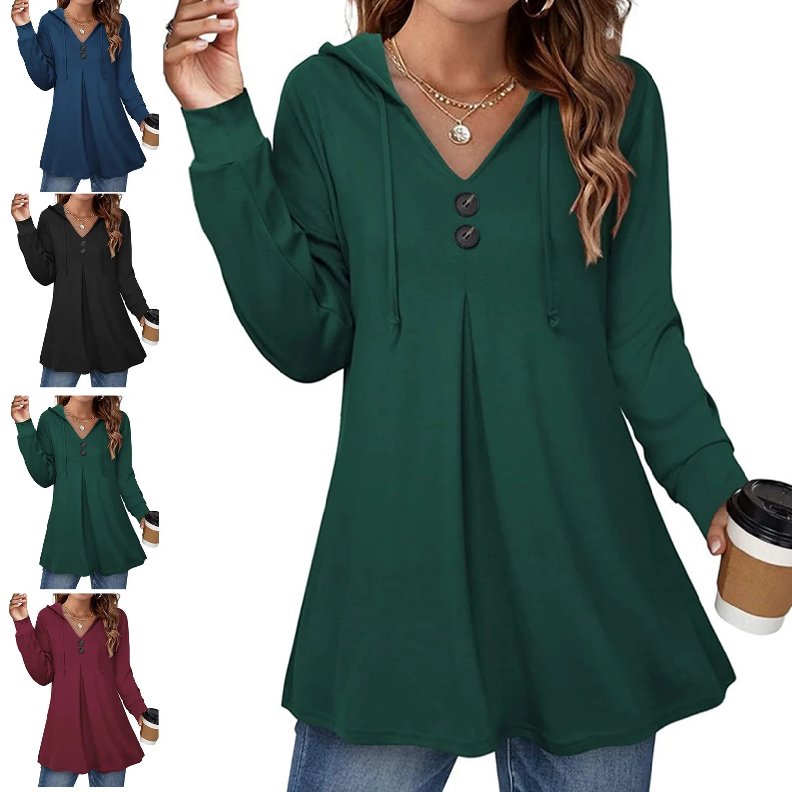 

2023 Women Fashion V Neck Hooded Sweatshirt Soft Comfortable Casual Loose Long Sleeved Hooded Sweater Tops