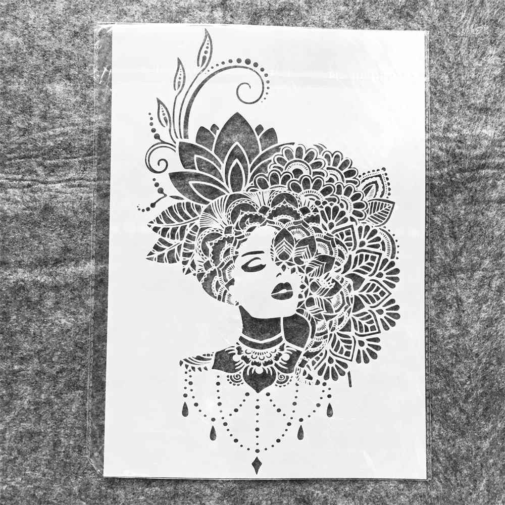 

A4 29cm Mandala Flower Hair Girl DIY Layering Stencils Wall Painting Scrapbook Coloring Embossing Album Decorative Template