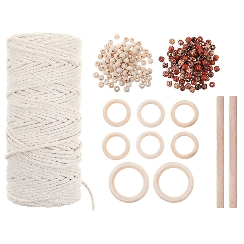 

Macrame Rope, 3Mmx100M Natural Macrame Yarn 2 Pcs Wooden Sticks 8 Pcs Wooden Rings 200 Pcs Wooden Beads for DIY Crafts