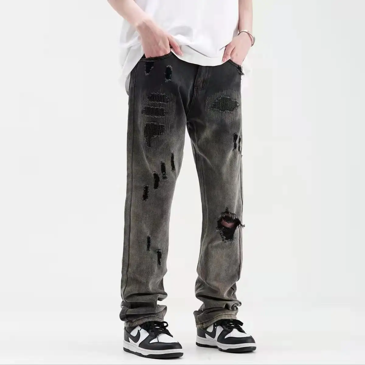 Men Pants Four Seasons High Street Trend Hole Gradient Shuffle Tide Brand Loose Straight Casual Denim Trousers Men Ins Hot Sale