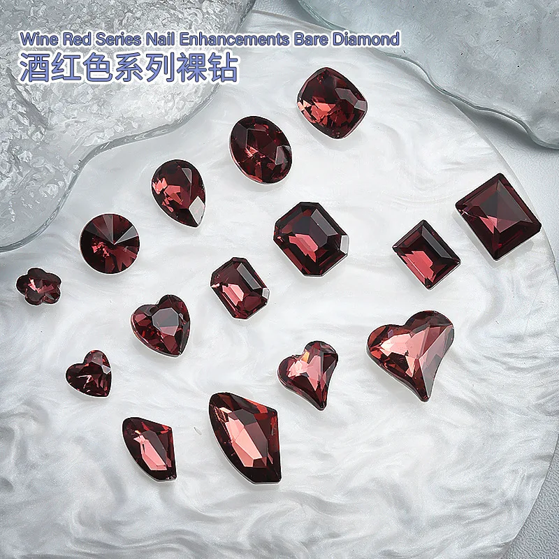 20PCS Glitter Retro Wine Red Naked Diamonds V Crooked Heart Drop Rectangle Crystal Nail Art Rhinestones Jewelry Manicure Charms