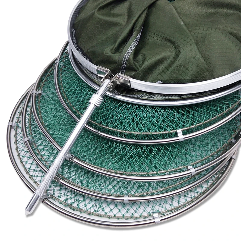 

Hand-woven Fish Basket Nylon Line Stainless Steel Rings Fishing Net Bag Foldable Anti-hanging And Quick-drying Fish Cages