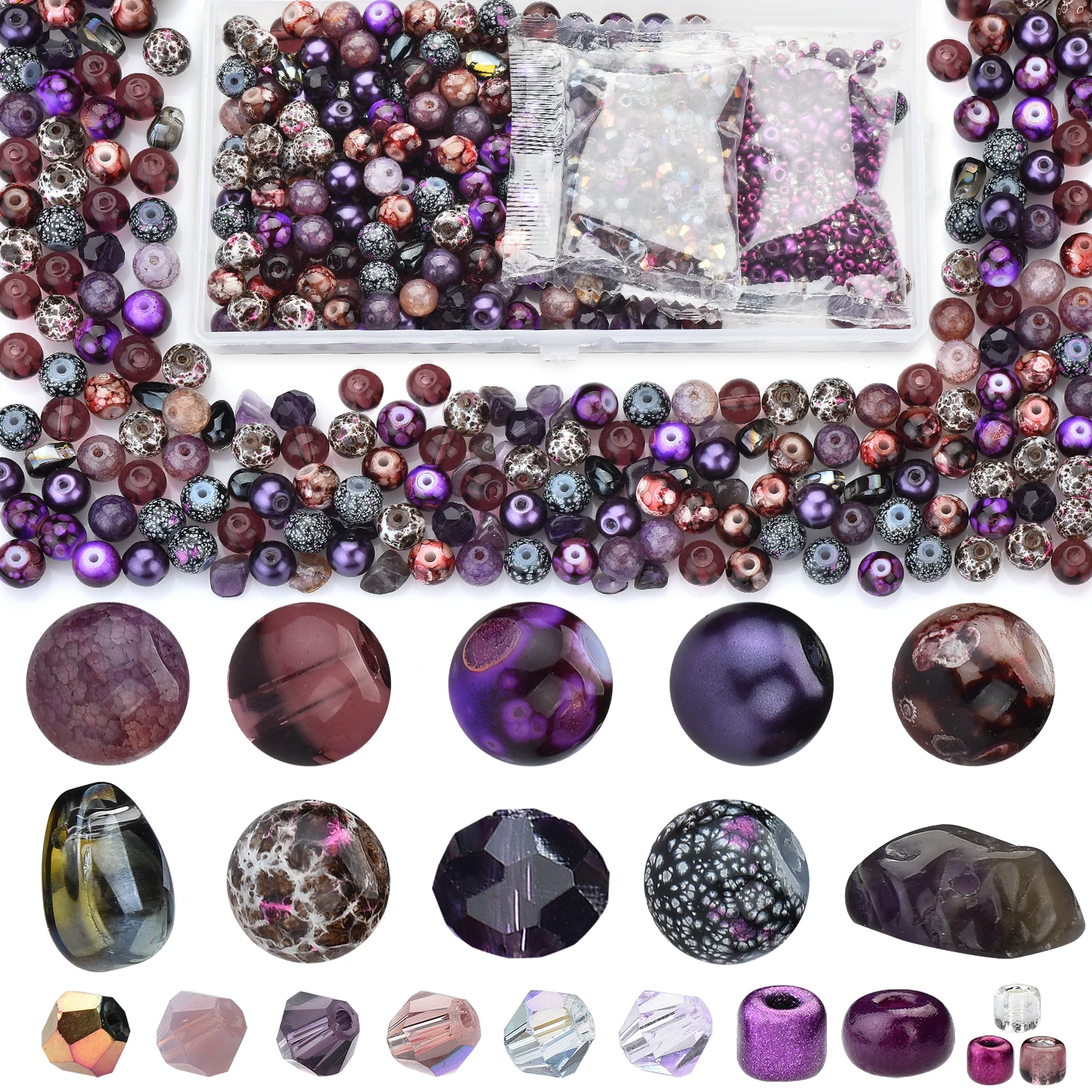 

900pcs Purple Glass Round Beads Loose Bicone Seedbeads Gravel Chip Teardrop Pendant for Jewelry Making DIY Necklace Bracelet