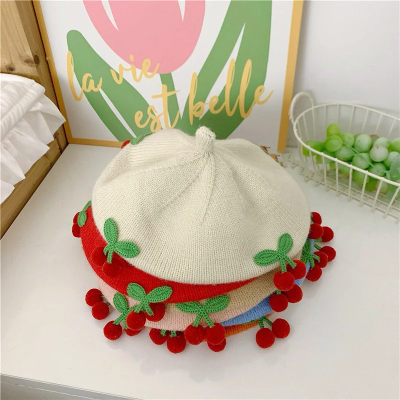 

Cute Cherry Baby Beret Hat Solid Color Warm Knitted Beanie Cap for Infant Boy Girl Korean Winter Kids Artist Painter Caps Bonnet