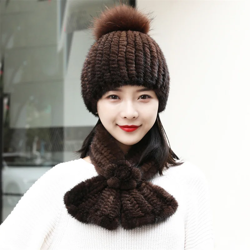 Brand Winter Knit Scarf Hat Real Mink Fur Warm Women's Hat Solid Outdoor Snow Riding Ski Hat Girl's Scarf
