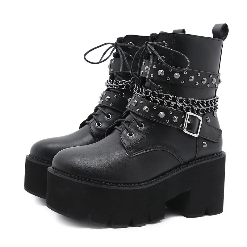 

Женские ботинки, зимние новые ботинки-мартинсы на толстой подошве с боковой молнией и цепочкой для ночного клуба, женские ботинки