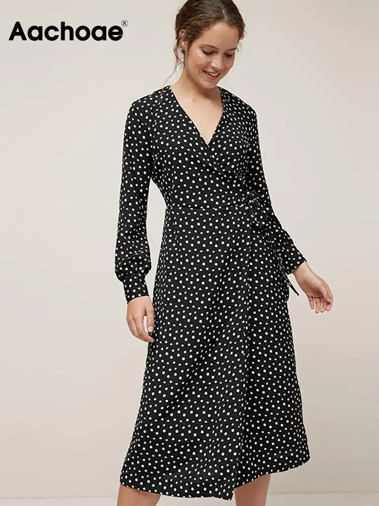 

Aachoae Women Vintage Polka Dot Casual Long Dress V Neck Long Sleeve Wrap Party Dresses Female Boho Split Sashes Vestido