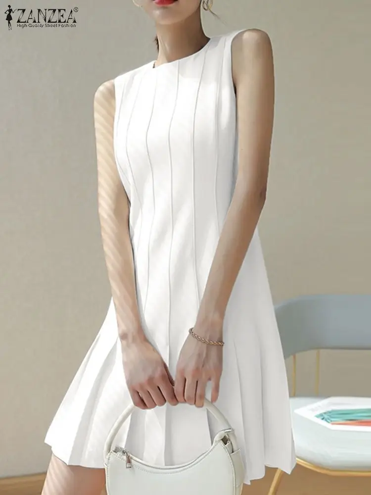 

ZANZEA Elegant Tank Dress Women Casual Round Neck Mini Dresses Summer Solid Pleated Fashion Sleeveless Commuting OL Short Robes