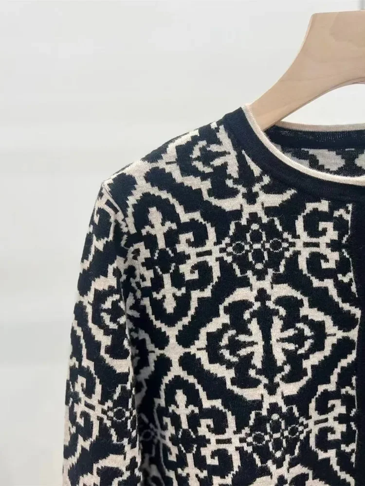 Женский прямой вязаный кардиган с круглым вырезом жаккардовый шерстяной