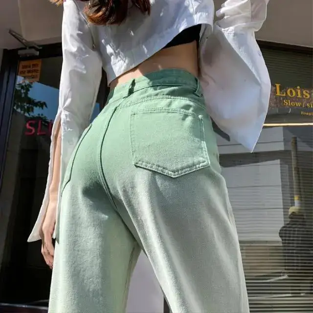 

Spring 2022 Womens High Waist Green Straight Women'S Wide Leg Jeans Baggy Woman Denim Capris Pants Jean Mom Jeans Trousers