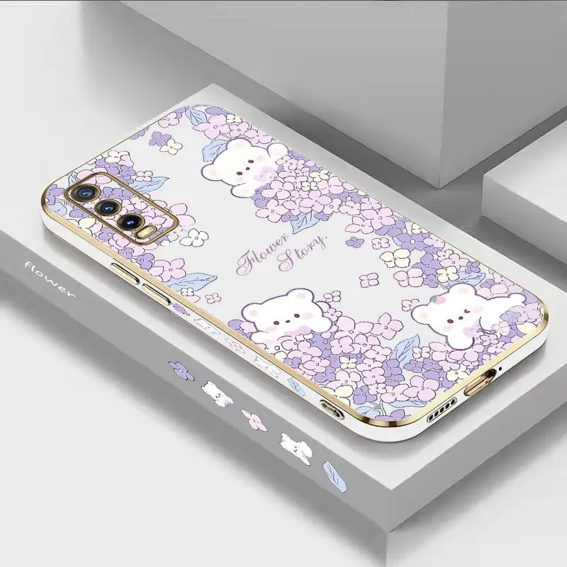 

Flower Bush Bear Luxury Plating Phone Case For VIVO Y20 Y20i Y20S Y30 Y33T Y35 Y76 Y22 Y12S Y15 Y21 V23 V23E V21 Cover