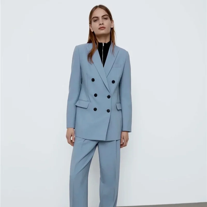Women Simple Office Blazer Two Piece Set New Solid Colors Double Breasted Casual Commute Blazer + High Waist Straight Pants Suit