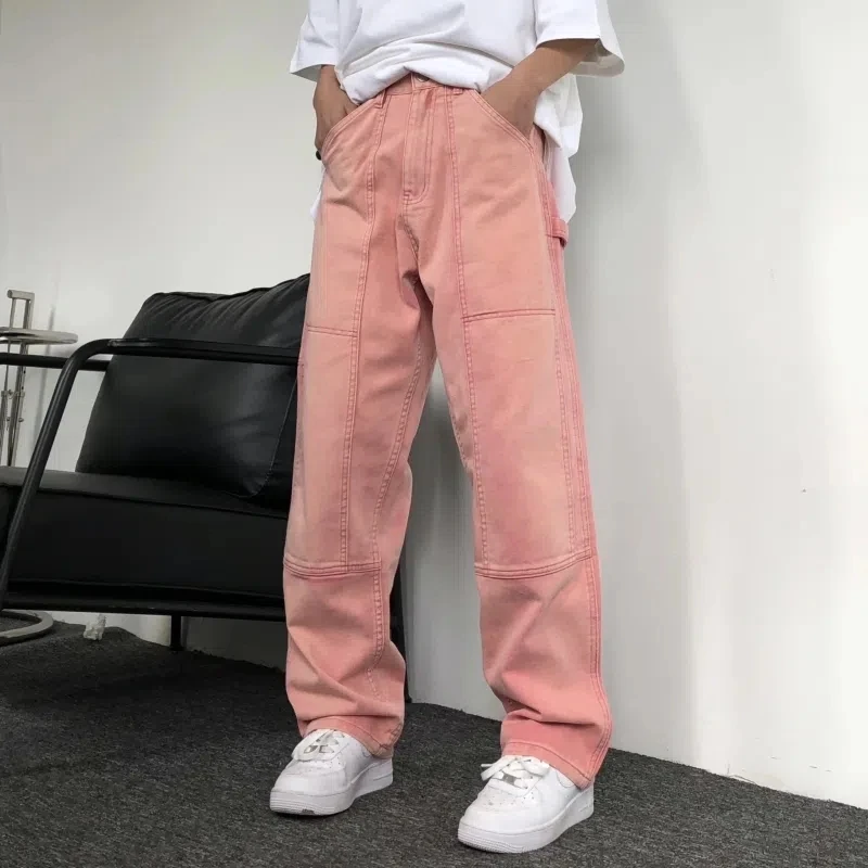 Korean Version Fashion Personality Street Loose High Waist All-Match Men Straight Pants Light Pink Washed Denim Casual Trousers