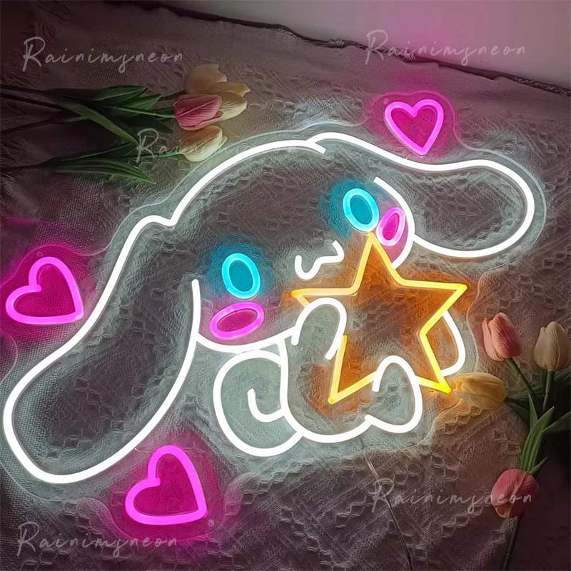 Custom Led Cute Cinnamorol Japanese Cat Anime Neon Flex Light Sign Home Room Wall Decor Kawaii Anime Bedroom Decoration Mural