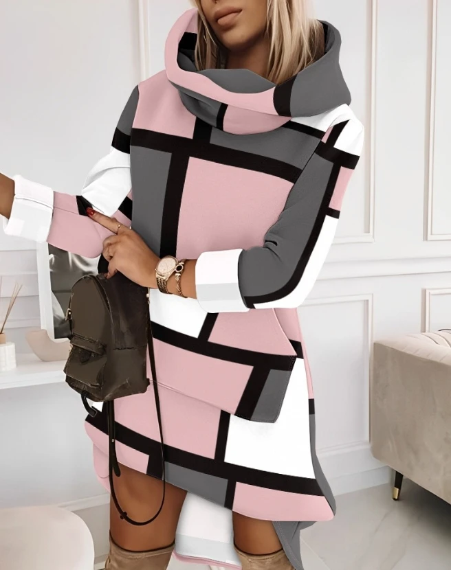 

Dresses for Women Fashion Long Sleeve High Neck Geometric Print Hooded Casual Mini Dress 2023 Autumn Clothing