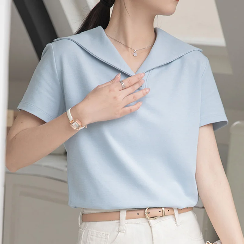 

Summer New Office Lady Loose Clothing Short Sleeve Blouse Solid Color Simple Tops Vintage Sailor Collar Shirt Women Blusas 27076