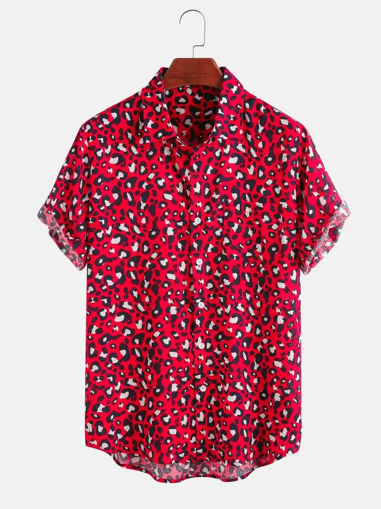CharmkpR Tops 2022 Men's Leopard Printing Blouse Fashion Vacation Style Male Hot Sale Breathable Short Sleeve Lapel Shirts S-2XL