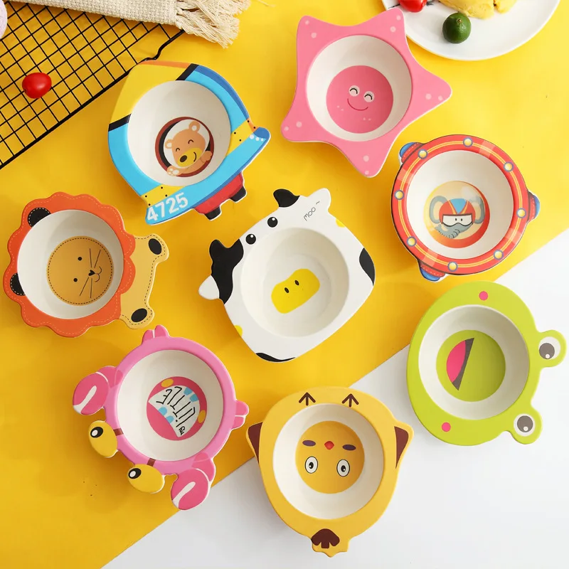 Baby Feeding Bowls Fall-proof Creative Cartoon Bowls Bamboo Fiber Children's Rice Bowls Baby Eating Complementary Soup Bowls