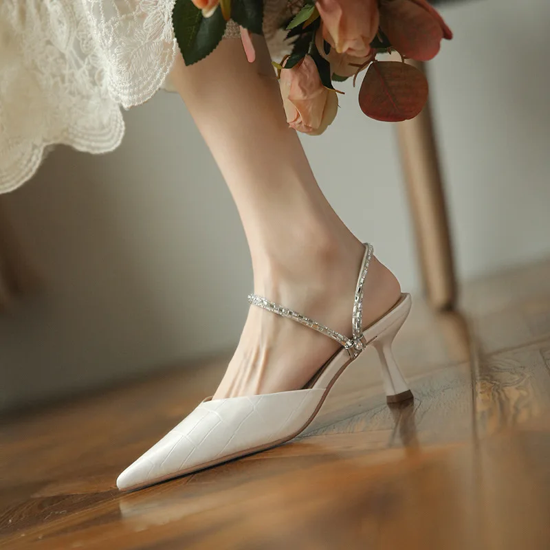 

Женские остроносые туфли мэри джейн, Элегантные дизайнерские сандалии с ремешком на пятке, летние женские туфли-лодочки на высоком каблуке-...