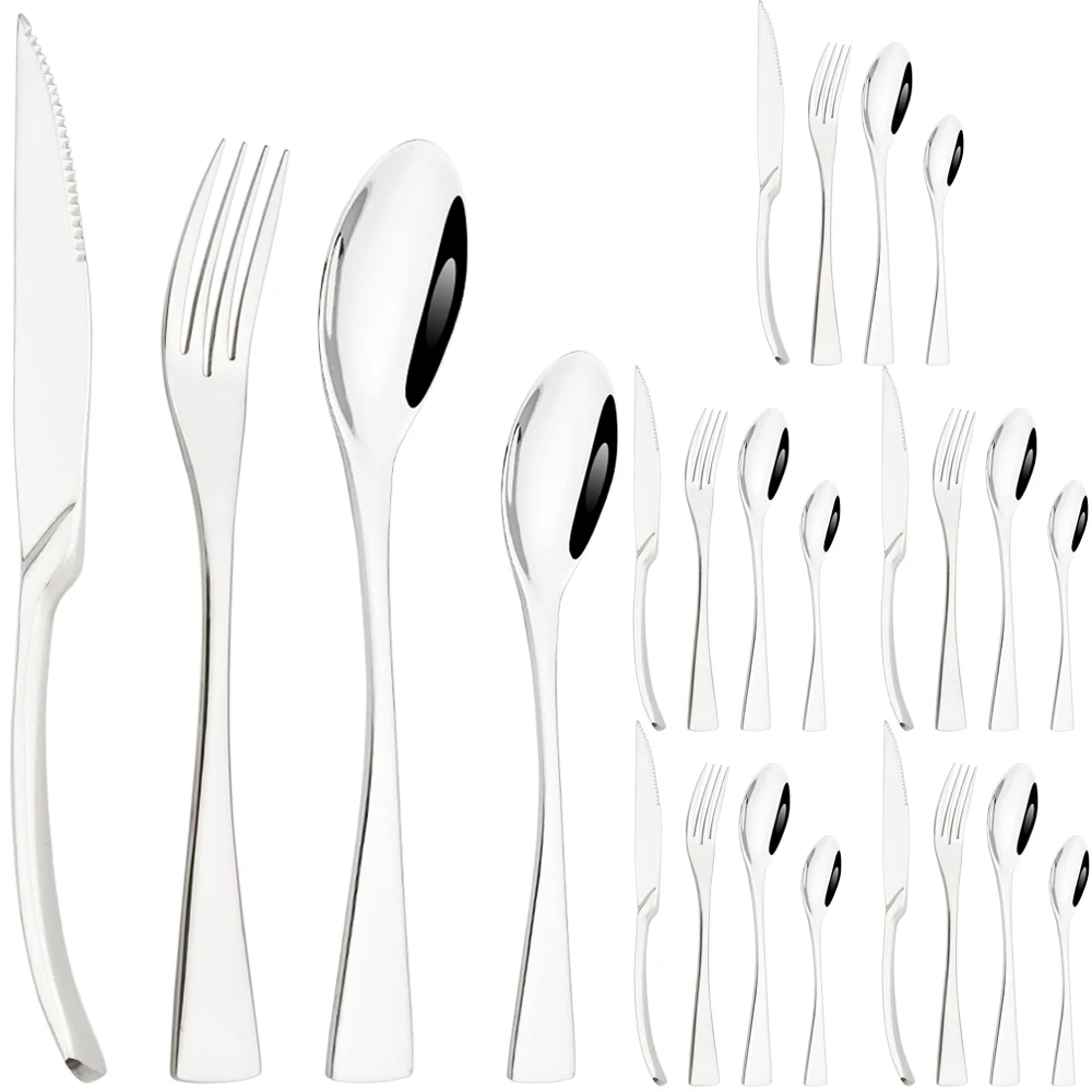 24Pcs Dinnerware Set Silver Steak Knife Dinner Spoons Fork Tableware Cutlery Set 18/10 Stainless Steel Silverware Kitchen Set