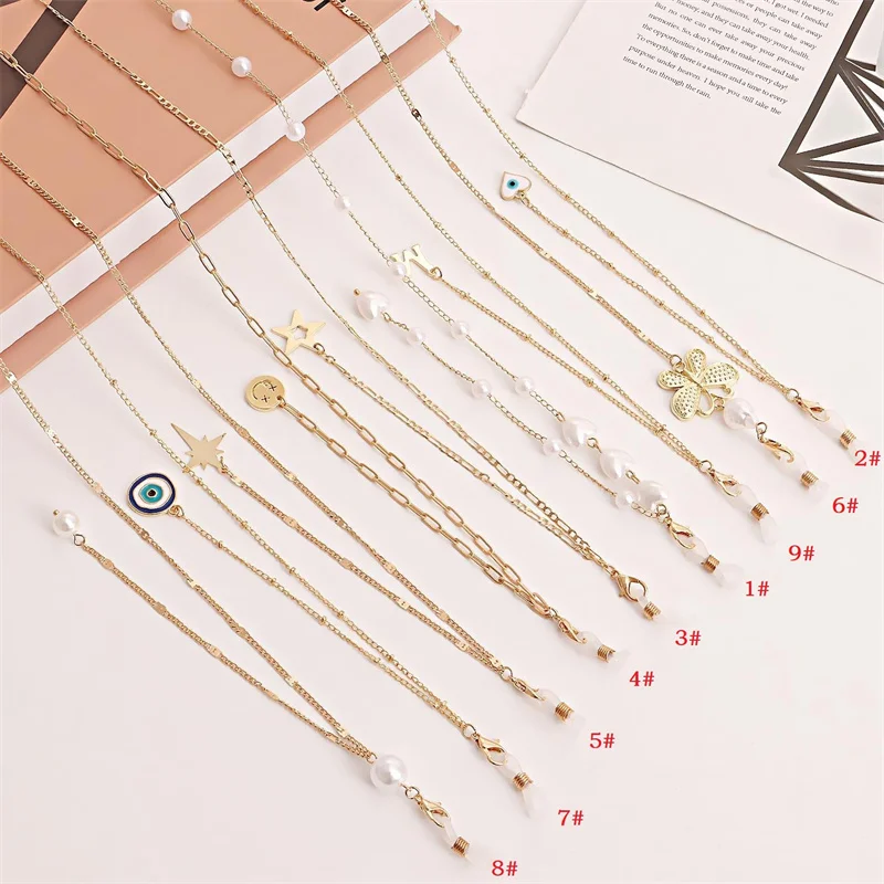 

75cm Gold Glasses Chain for Women Five-pointed Letters Butterfly Pearl Pendant Lanyard Anti-slip Hang Neck Eyewear Jewelry Gift