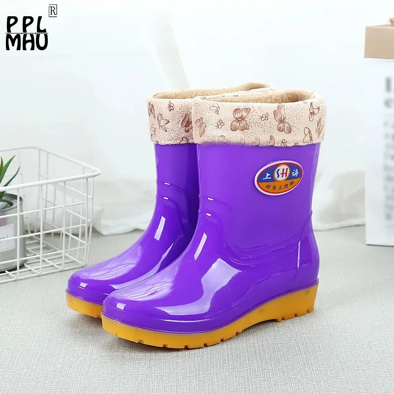 

Зимние теплые рабочие ботинки из короткого плюша, фиолетовые водонепроницаемые ботинки из ПВХ на низком каблуке и платформе, Модные Повсед...