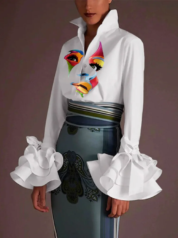 

Uoozee Female Adult New White Shirt Top Printed Long Flare Sleeves Laple Collar Blouse Spring Summer Fashion Shirt For Women