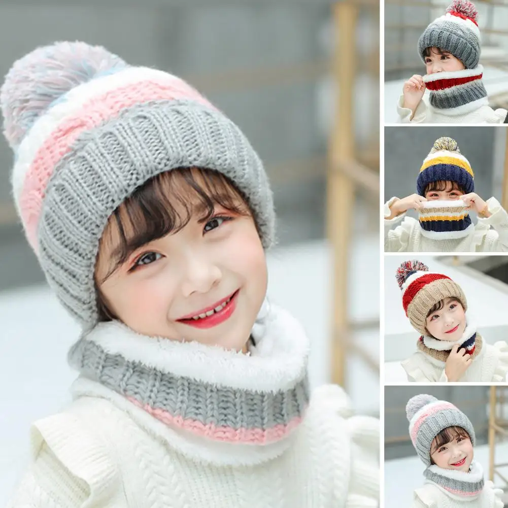 

Soft Knitting Stripes Baby Boy And Girl Kids Winter Hat Scarf Set Thick Children Winter Hat Scarf Set for Home