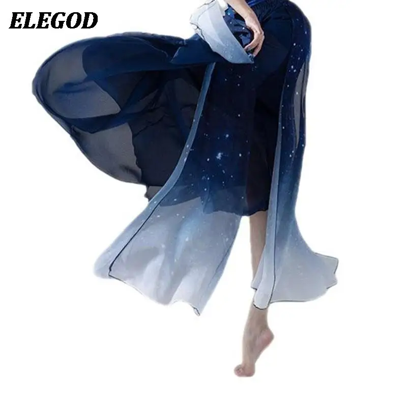 

Ladies Classical Dance Elegant Skirt And Printed Tank Ice Silk Top Adult Starry Sky Gradual Chiffon Dance Practice Training Suit