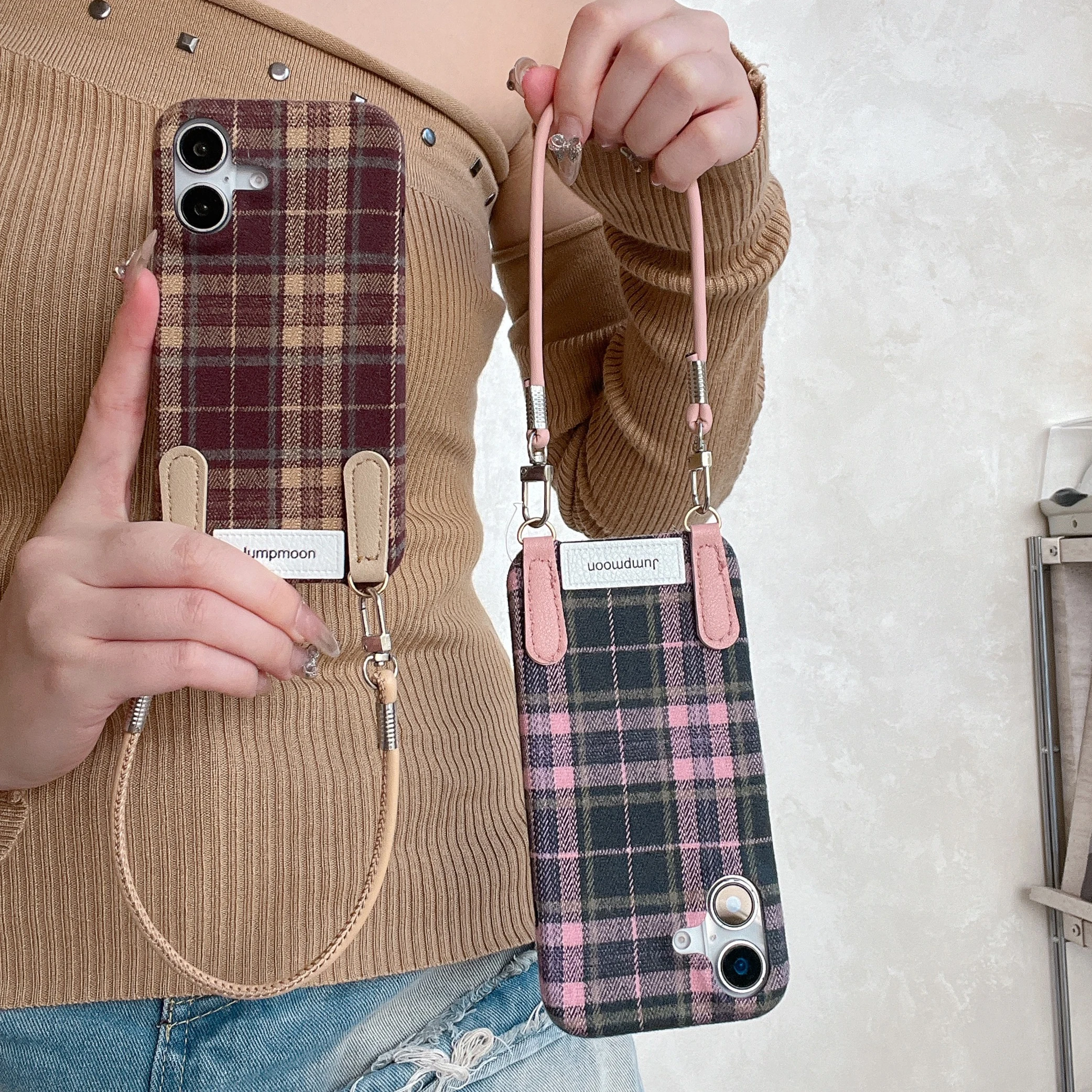 Korean INS Checker Cloth Texture Autumn Vibes With Wrist String Phone Case for iPhone 16 15 14 13 Pro Max Back Cover Capa