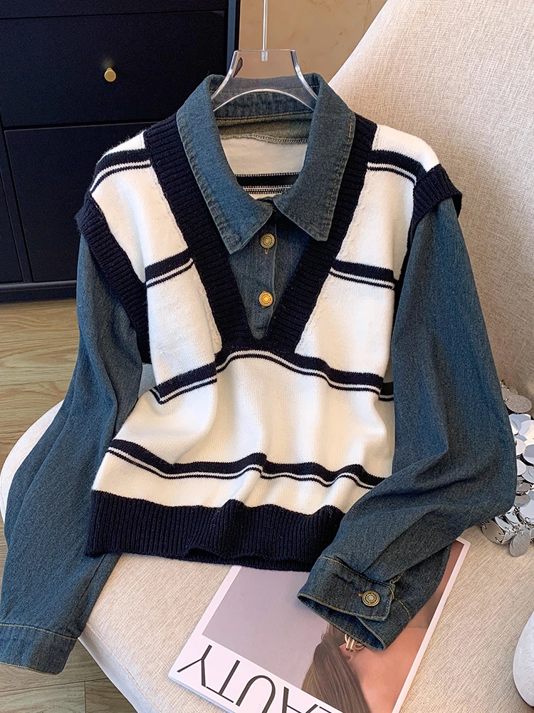 Джинсовая рубашка из двух предметов с длинными рукавами женская осень и зима 2024