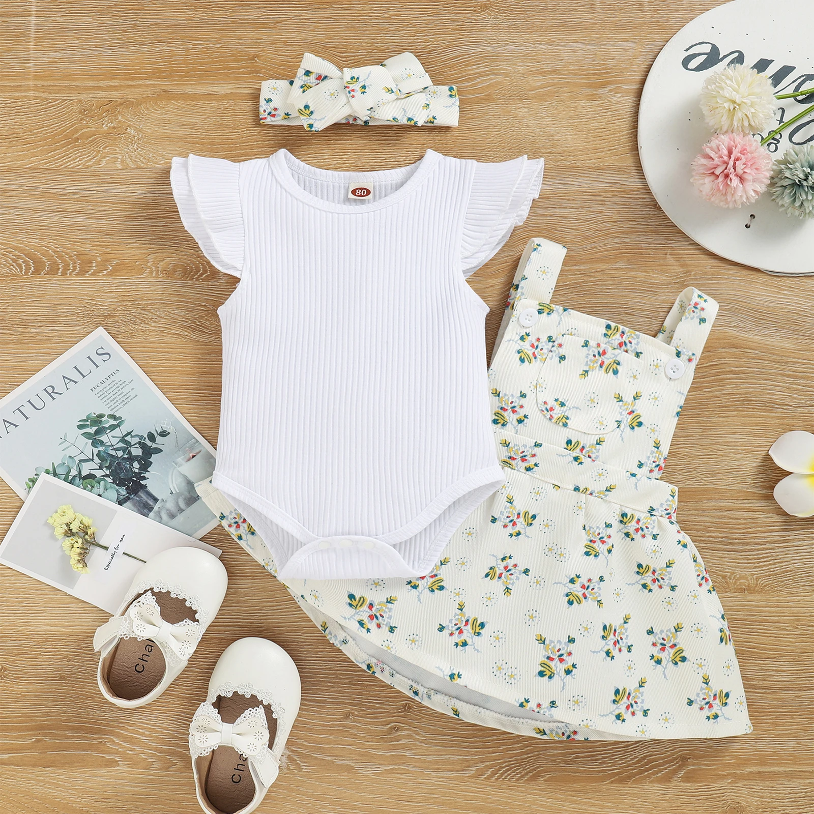 

Летний детский хлопковый комбинезон в рубчик с коротким рукавом и юбкой