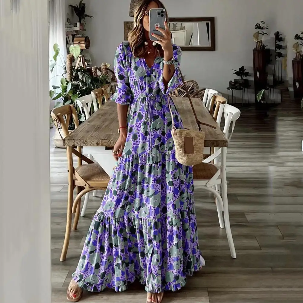 

Women Maxi Dress V Neck Drawstring Tight Waist A-line Patchwork Loose Hem Flower Print Three Quarter Sleeves Colorful Pattern Pl