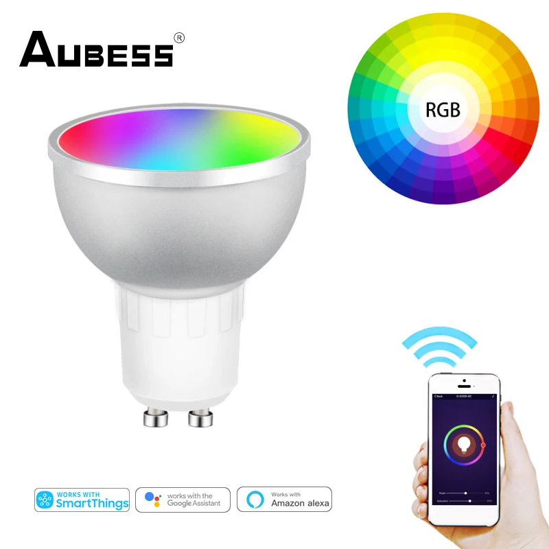 

Умная Беспроводная лампа Aubess Zigbee 3,0 GU10, RGB + CW, Wi-Fi, управление через приложение, совместима с Alexa Google Home