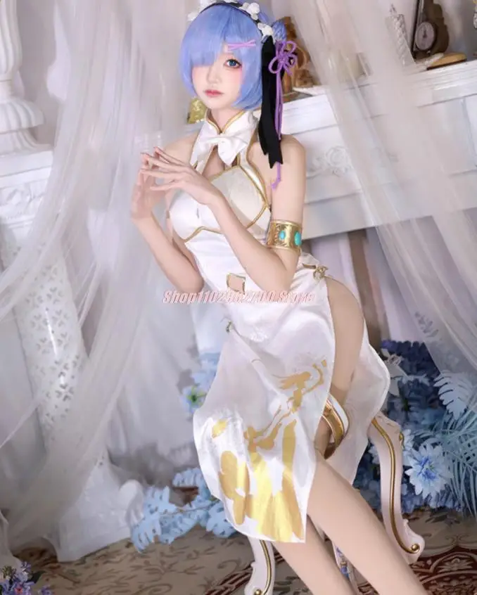 

Rem Cosplay Anime Re Zero Rem Graceful Beauty Cheongsam Costume Re: Starting Life In A Different World Fancy Chinese Dress Wig