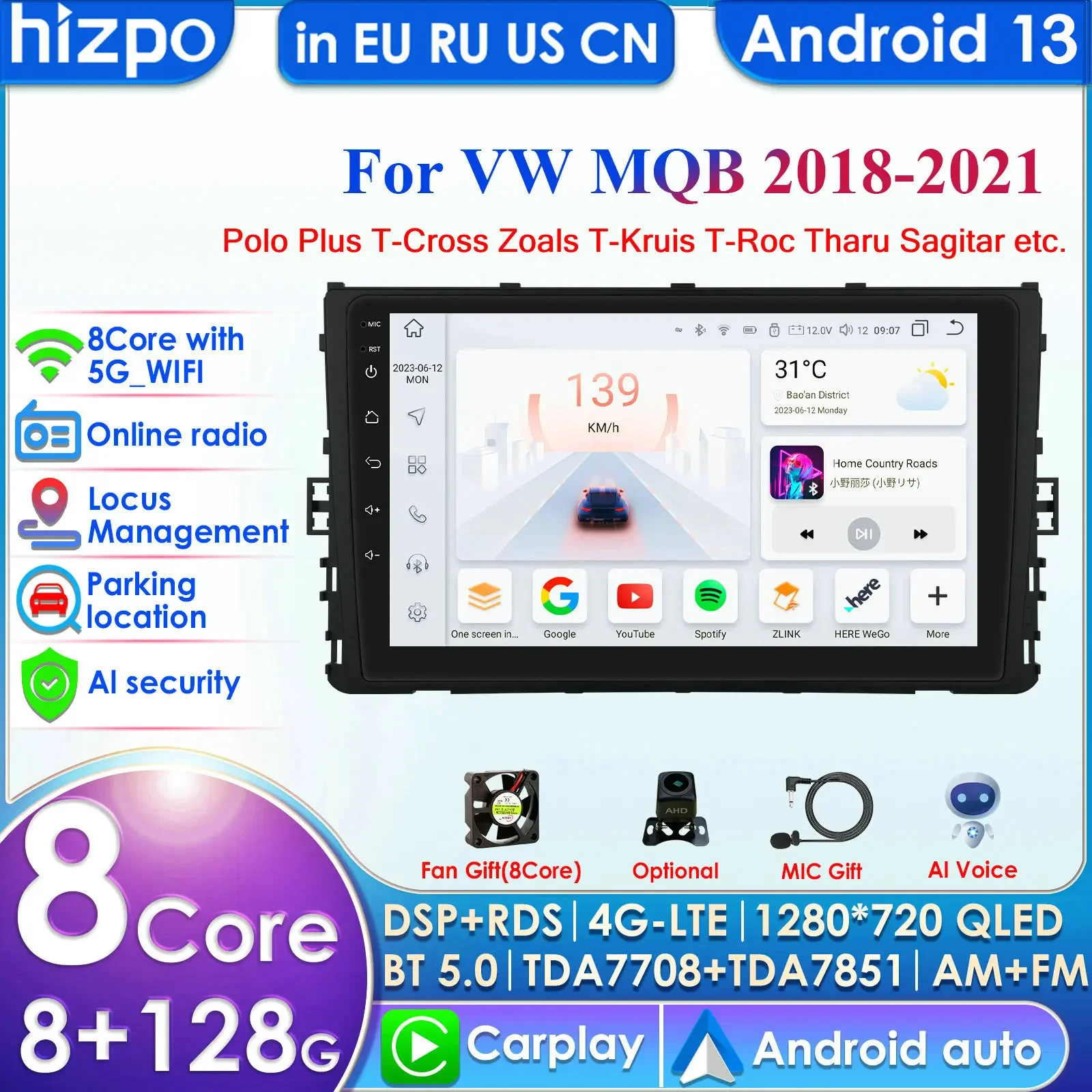 Hizpo 9-дюймовый Carplay 4G 2 Din Android 13 Автомобильный радиоприемник для VW MQB Polo Plus T-Cross Zoals