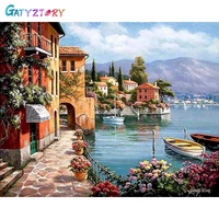 gatyztory pictures by numbers scenery diy frame oil painting by number seaside house on canvas diy home decoration 60x75cm