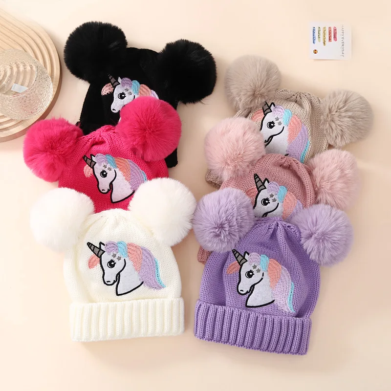 Winter Warm Baby Knitted Hats with Pom Pom Knitted Kids Beanie Hats Cartoon Unicorn Children Hat For Boys Girls Accessories