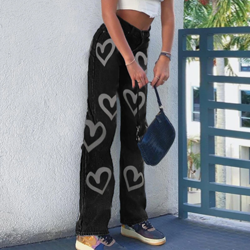 Fashion Women's Autumn 2021 New High Waist Slimming Love Graffiti Printing Straight Casual Street Style Jeans Trousers Women