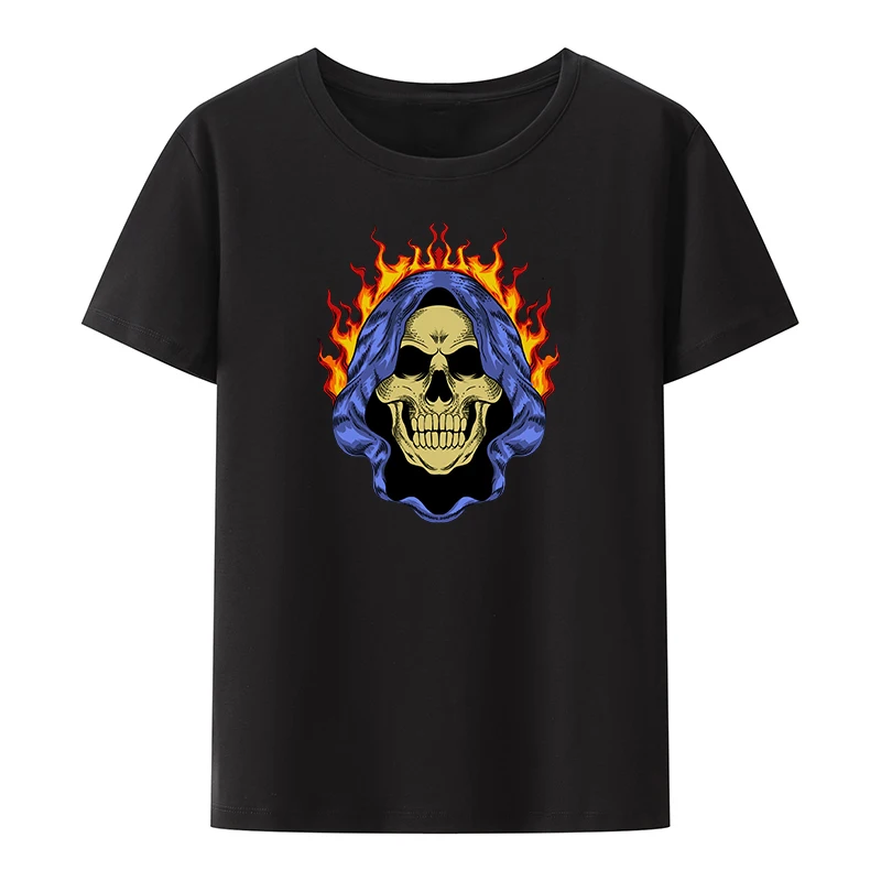 

Skull with Cloak and Fire Cotton T-shirt Top Y2k Style Mens Clothes for Men Short-sleev Cool T-shirts Tech Valorant Pattern Tees