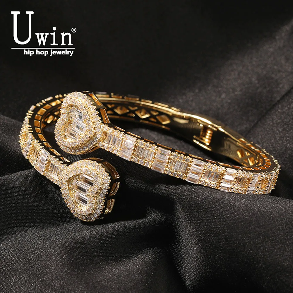 Uwin Baguette CZ Heart 6mm Adjustable Cuff Bangle Micro Paved Bling Cubic Zirconia Luxury Rapper Hiphop Jewelry Punk Gift
